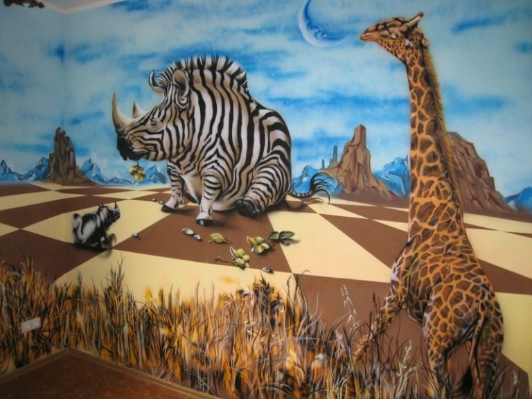pintura de parede no quarto das crianças tema da África girafa rinoceronte zebra padrão quadriculado 3d