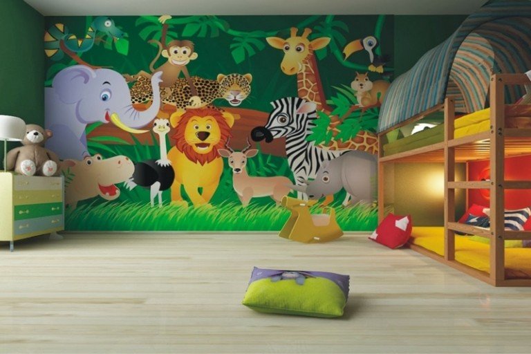 pintura de parede quarto infantil animais floresta tropical hipopótamo strauss cama alta