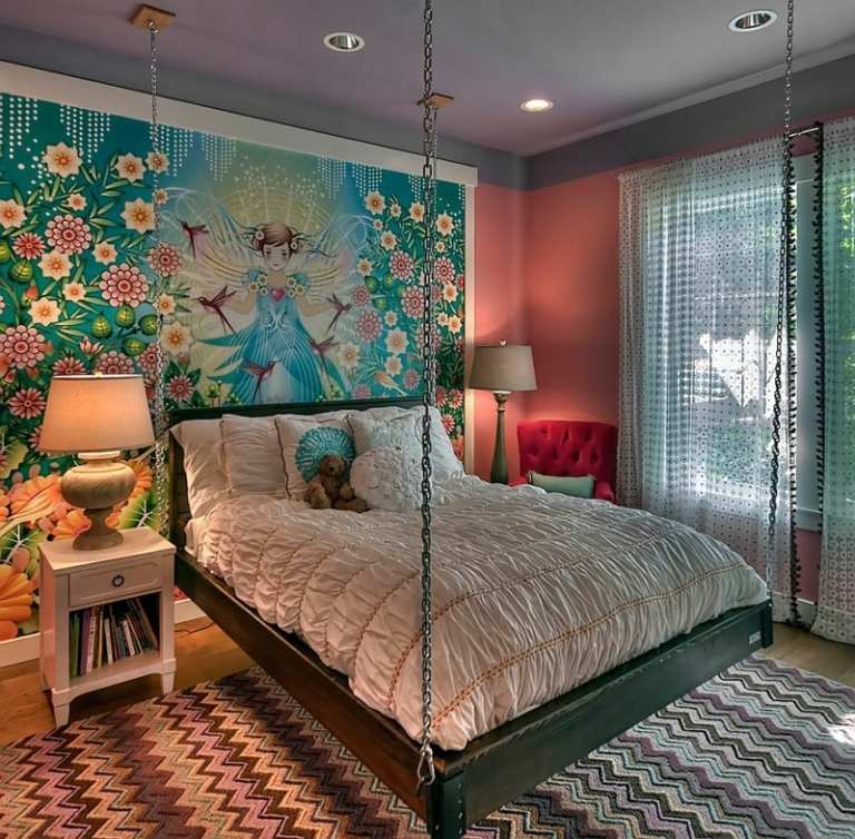 pintura de parede quarto infantil motivos de flores de fadas cama pendurar correntes tapete em zigue-zague