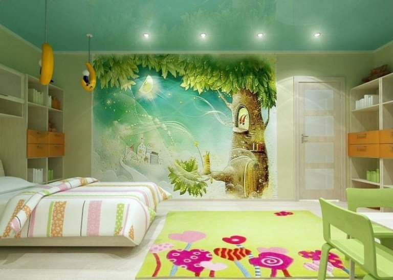 pintura de parede berçário casa na árvore ideia de conto de fadas turquesa teto