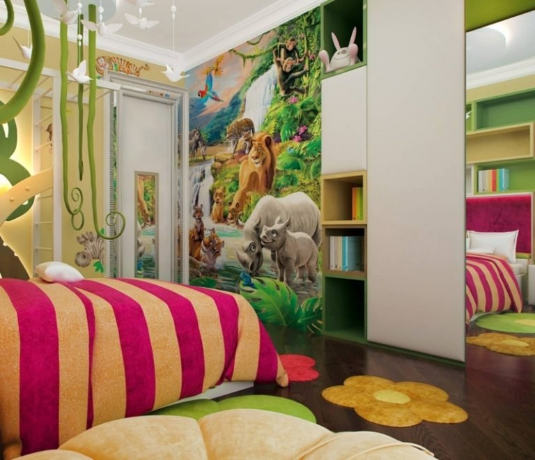 pintura de parede no berçário selva rinoceronte tigre prateleira imitação de lianas