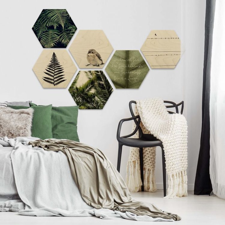 quadros de parede modernos para o quarto em formato hexágono, motivos de folhas e pássaros