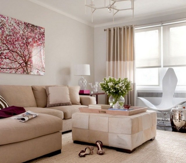 decoração de parede-idéias-sala-foto-tela-flor de cerejeira-bege-sofá
