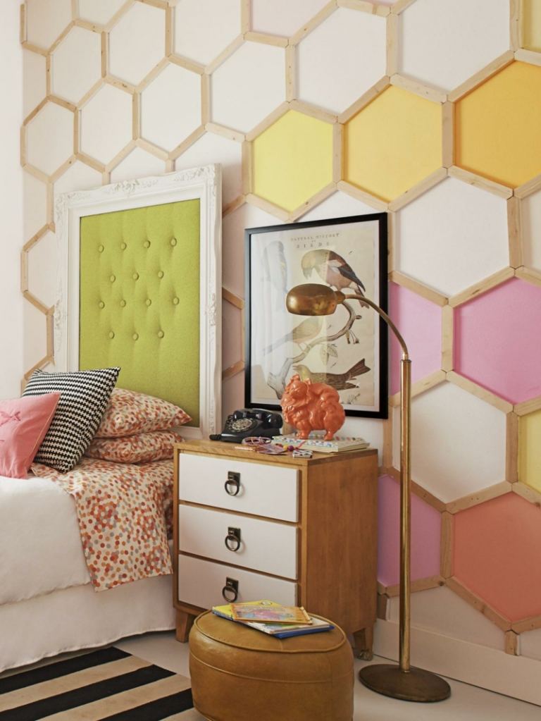 decoração de parede tiras de madeira quarto infantil padrão de favo de mel colorido cores modernas