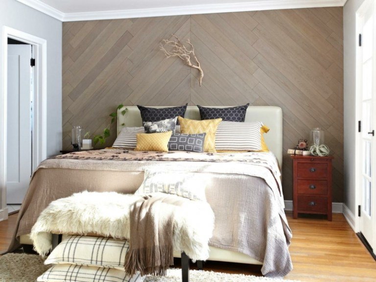 decoração de parede de madeira cobrindo a parede do quarto padrão espinha de peixe cinza
