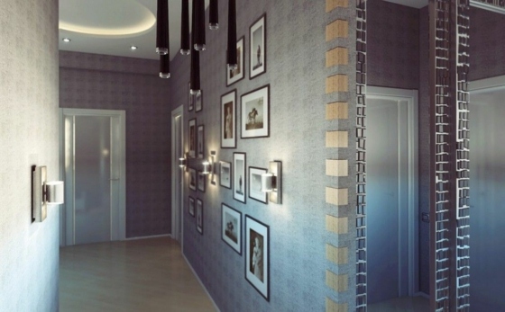 blue-shades-entrance-with-many-picture-frames-and-wood-corners