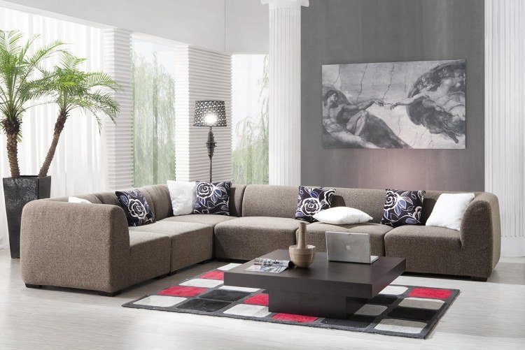 Cor da parede cinza-combinações-branco-quadro-canto sofá-mesa de centro-almofadas de carpete