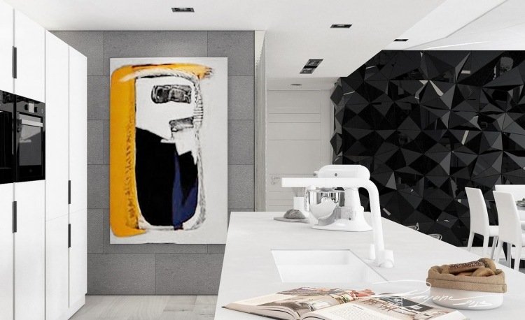 Cor da parede cinza-combinações-branco-amarelo-moderno-cozinha-preto-alto brilho-design
