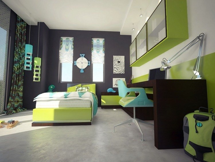 parede-cor-cinza-combinações-verde-quarto infantil-cama-mesa-decoração-moderno