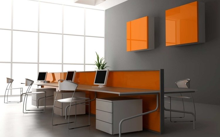 parede-cor-cinza-combinações-laranja-escritório-locais de trabalho-cadeiras-parede divisória
