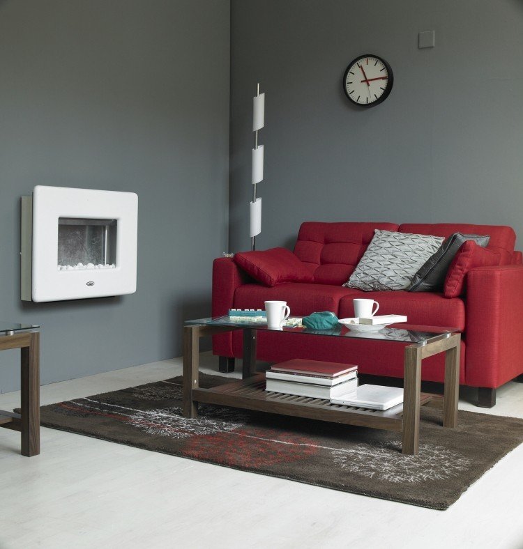 parede-cor-cinza-combinações-vermelho-sofá-marrom-carpete-mesa de centro-almofadas