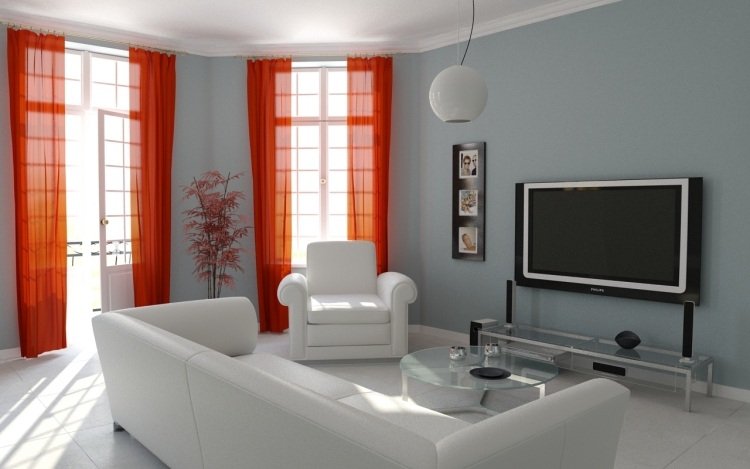 parede-cor-cinza-combinações-vermelho-cortinas-branco-sofá-poltrona-tv-apartamento