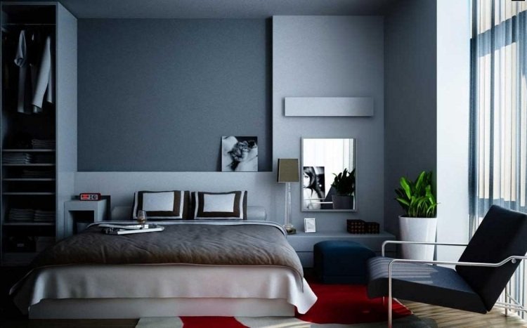 parede-cor-cinza-combinações-quarto-poltrona-tapete-vermelho-cortina-almofadas