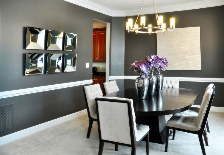 parede cor-cinza-combinações-preto-branco-sala de jantar-cadeiras estofadas-decoração-vasos-flores