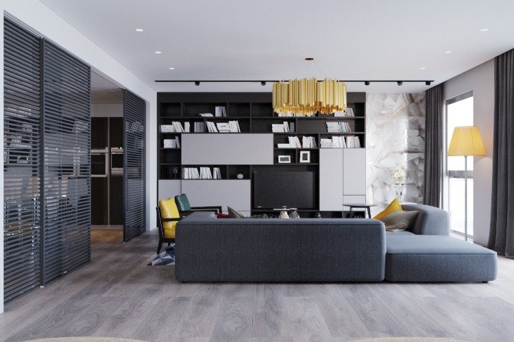 parede cor-cinza-combinações-amarelo mostarda-laminado chão-canto sofá-abajur-moderno