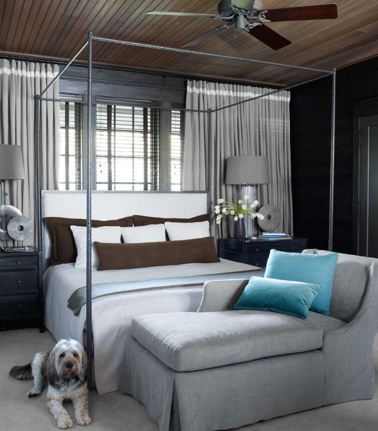 parede-cor-cinza-combinações-turquesa-cama de dossel-travesseiro-cachorro-tapete-ventilador