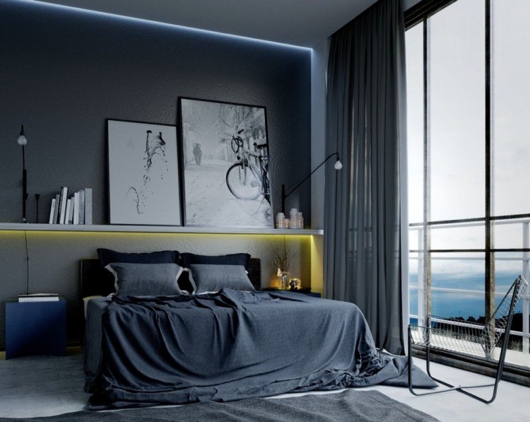 parede-cor-cinza-combinações-quarto-iluminação indireta-amarelo-janela-parede-moderna