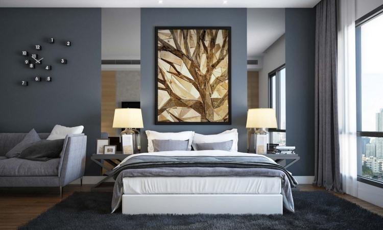 Cor da parede cinza-combinações-marrom-quadro-piso de madeira-quarto-janela-parede-abajur-carpete