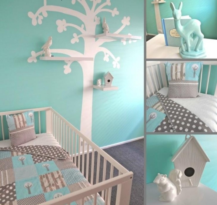Parede pintura verde-menta-quarto de bebê-cama de bebê-árvore-decoração-parede-tatuagem-pássaros-branco