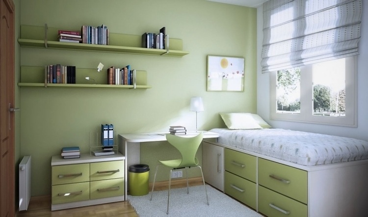 parede cor-verde-menta-quarto infantil-cama-escrivaninha-janela-gavetas-prateleiras funcionais