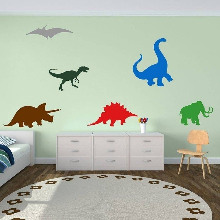 Cor da parede verde-menta - quarto infantil - design da parede - cômoda de dinossauro - tapete redondo