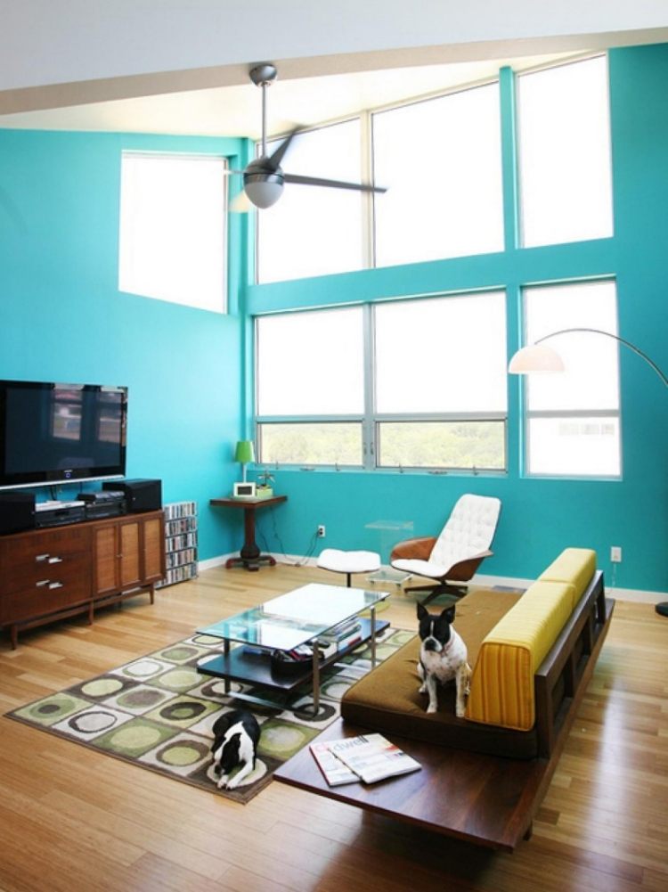 Cor da parede turquesa - área de estar-loft-60s-piso de parquete-tv-console-tapete-padrão-cachorros