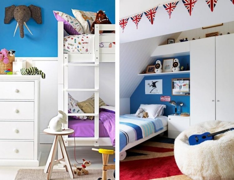 parede cor-teurkis-quarto infantil-telhado inclinado-branco-cômoda-armário-deco