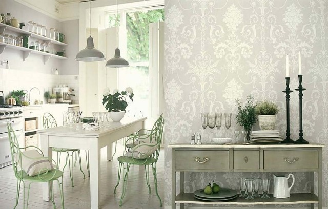 Cozinha-design-cadeiras-decorativas-parede-padrão-metálico-brilhante-inspirador-imagens