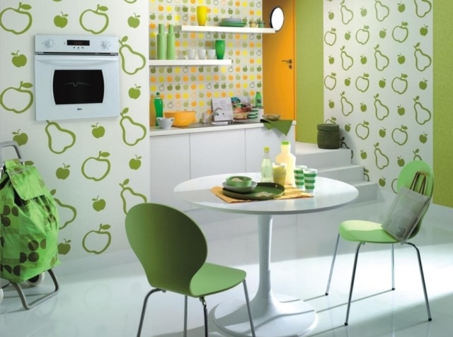 Maçãs-peras-papel de parede-motivos-pistache-verde-cozinha-paredes-design