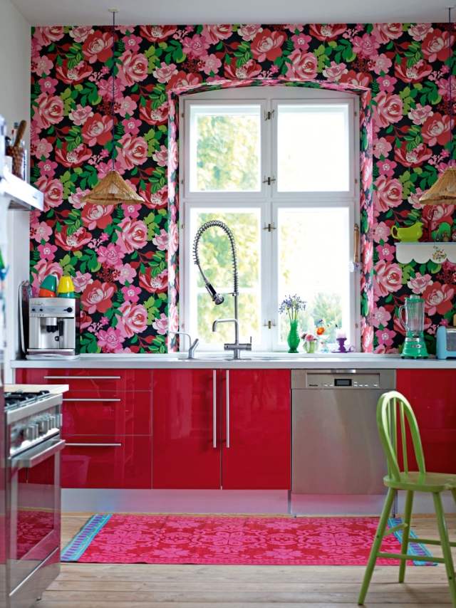 wallpaper-motifs-murais-floral-decoração-aço inoxidável-cozinha-vermelho-frentes-plástico