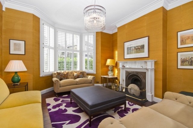 sala de estar-mobiliário-idéias-quente-quente-parede-pintura-tapete-roxo-padrão