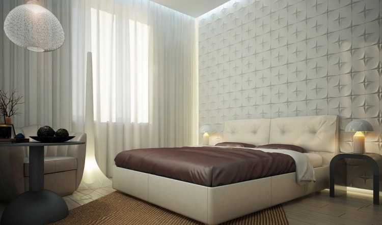 parede design-quarto-ideias-bege-claro-cama-estofamento-painéis de parede-relevo