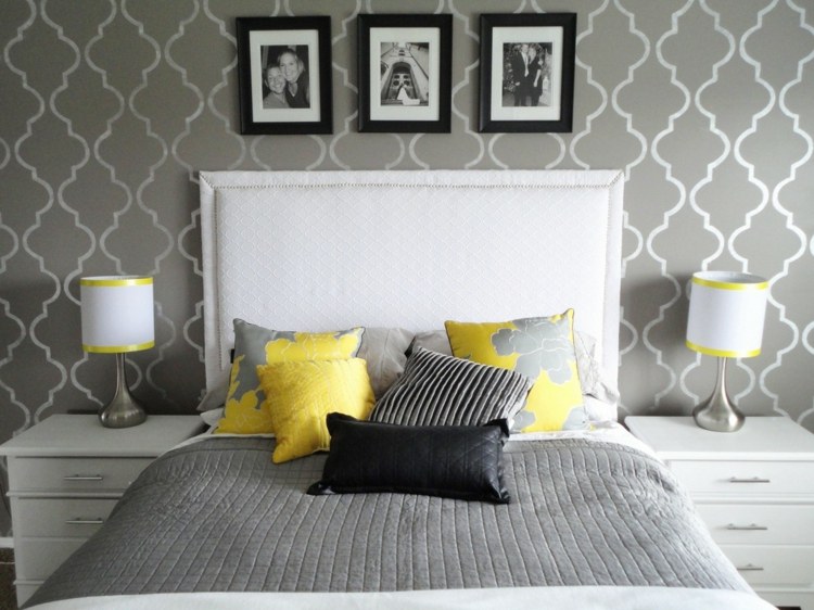 pintar o padrão da parede você mesmo, ideia do quarto cama cinza e branca