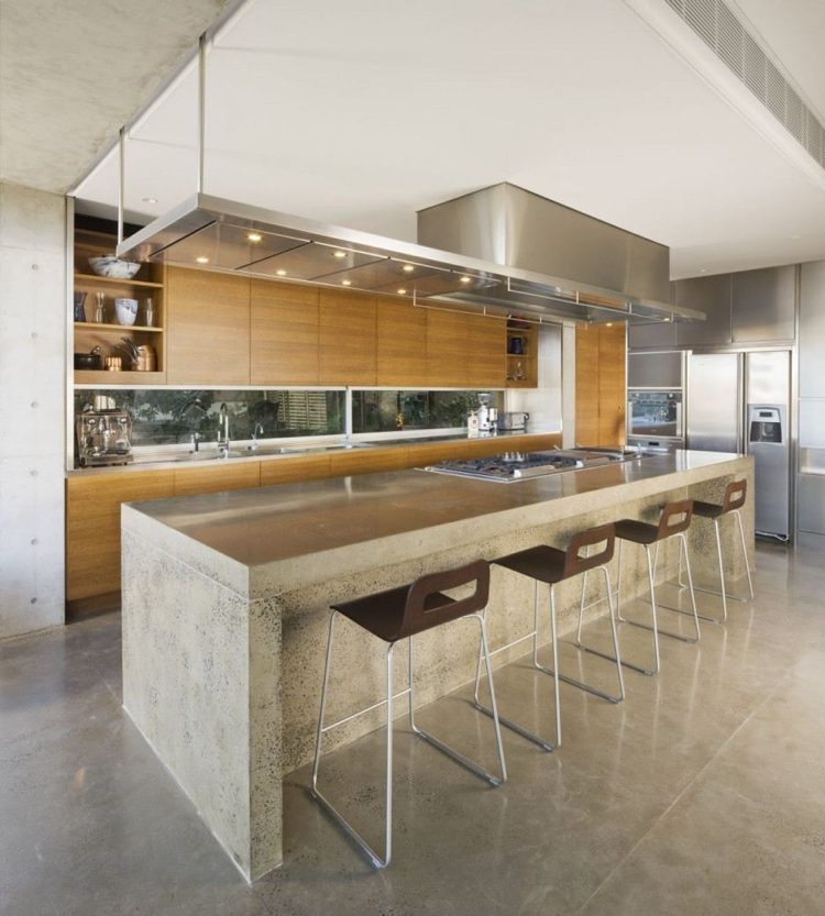 painéis de parede-cozinha-espelho-cozinha-moderno-madeira-concreto-aço inoxidável-balcão