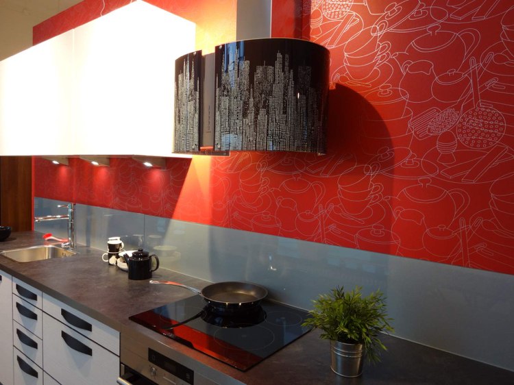 painéis de parede-cozinha-cozinha-espelho-moderno-vidro-papel de parede-vermelho
