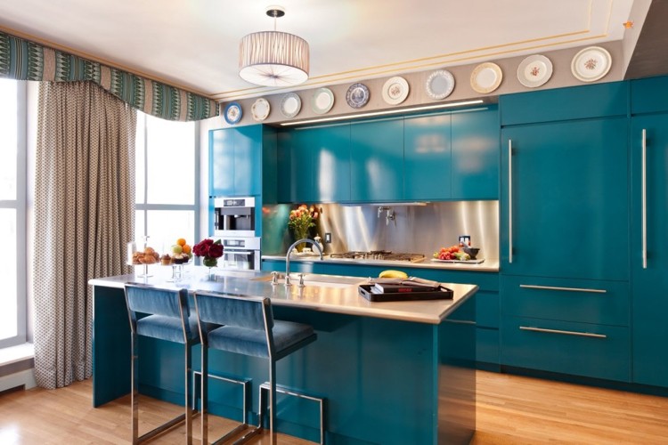painéis de parede-cozinha-espelho de cozinha-moderno-aço inoxidável-turquesa escovado