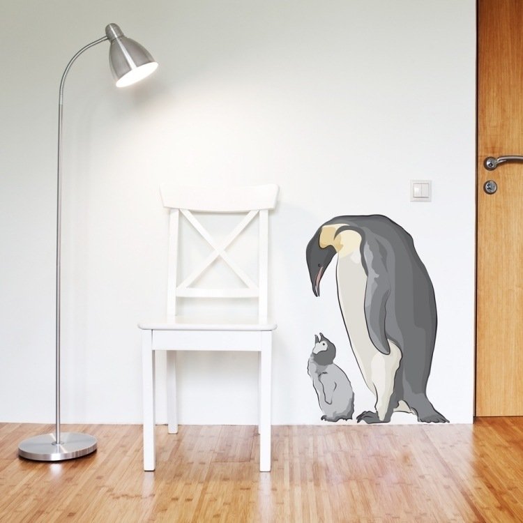 Adesivos de parede para o quarto do bebê - pinguins-mãe-pequeno-abajur-cadeira-piso de madeira