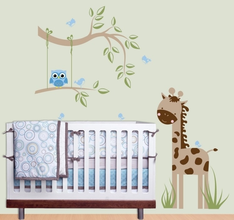 Tatuagens na parede para o quarto do bebê -girafa-coruja-árvore-cama de bebê-parede-verde claro