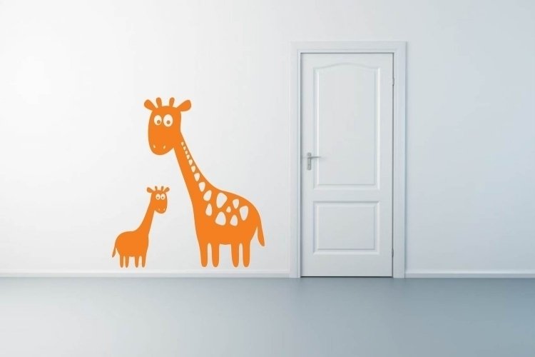 Decalques de parede para o quarto do bebê - girafa-brilhante-amarelo-bebê-mãe-porta