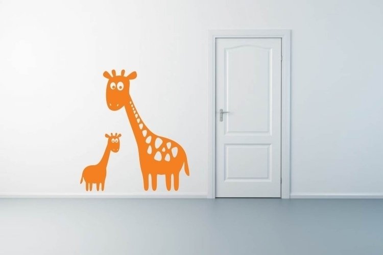 Decalques de parede para o quarto do bebê - girafa-brilhante-amarelo-bebê-mãe-porta