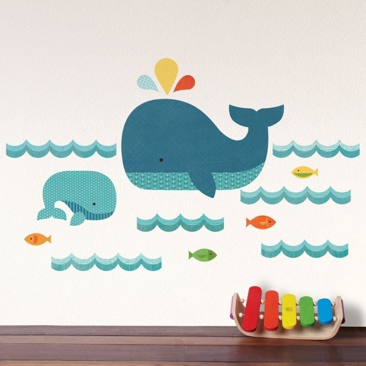 Decalque de parede-quarto de bebê-baleia-peixe-ondas-azul-multicolorido