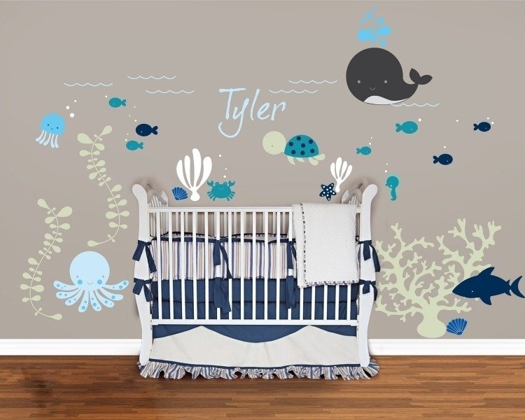 Decalque de parede-quarto de bebê-submundo-lago-desenhos animados-azul-bege-azul-escuro-cama de bebê