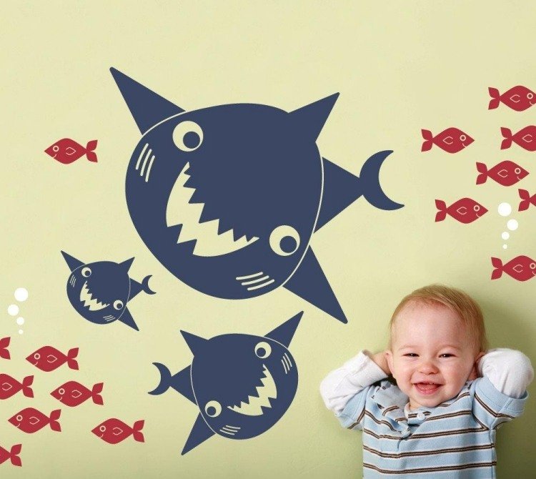 decalque de parede-bebê-quarto-tubarões-criança-pequeno-engraçado-peixe-parede-amarelo