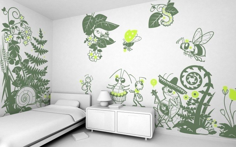 decalque de parede-quarto de bebê-branco-parede-insetos-catroons-besouro-verde-amarelo
