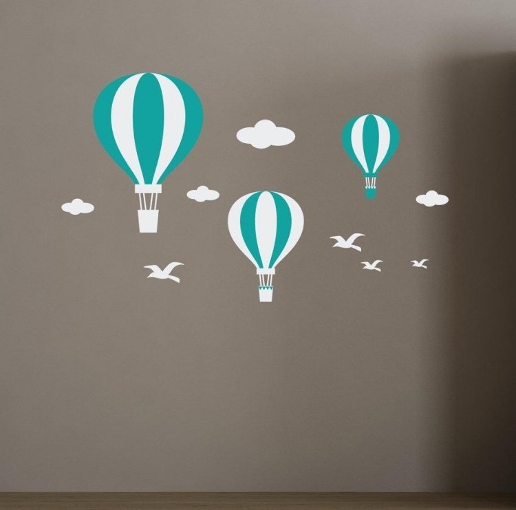 Decalque de parede-quarto de bebê-quente-balões-céu-nuvens-pássaros-marrom-parede