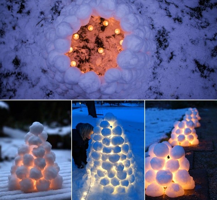 Construindo uma lanterna com neve de bolas de neve de acordo com a tradição sueca