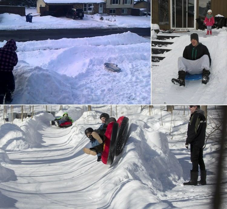 Faça você mesmo deslizamentos de neve com as crianças para trenós e pneus