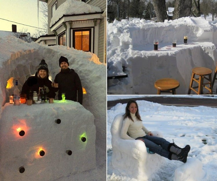 Comemore festas ao ar livre no inverno com uma poltrona e bar de neve faça você mesmo