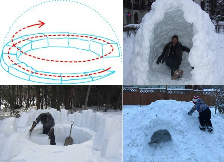 Iglu DIY feito de blocos de neve para o jardim quando há muita neve no inverno