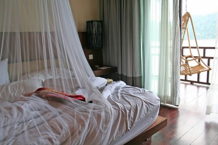 O que ajuda contra os mosquitos no quarto Rede mosquiteira sobre a cama